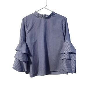 Mello Day Blue White Striped Mock Neck Tiered Ruffle Bell Sleeve Top XL